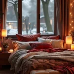 winter decorated bedroom with soft lighting lamps candles bedding bench curtains string lights
