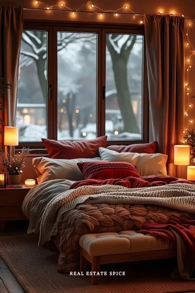 winter decorated bedroom with soft lighting lamps candles bedding bench curtains string lights