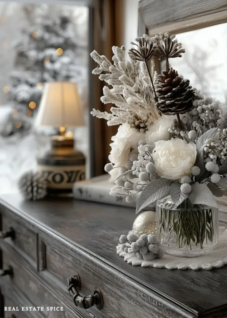winter decorated dresser in bedroom