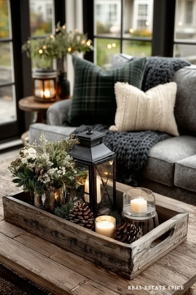 winter decorated living room with tray with tea lights pinecones and greenery a small lantern