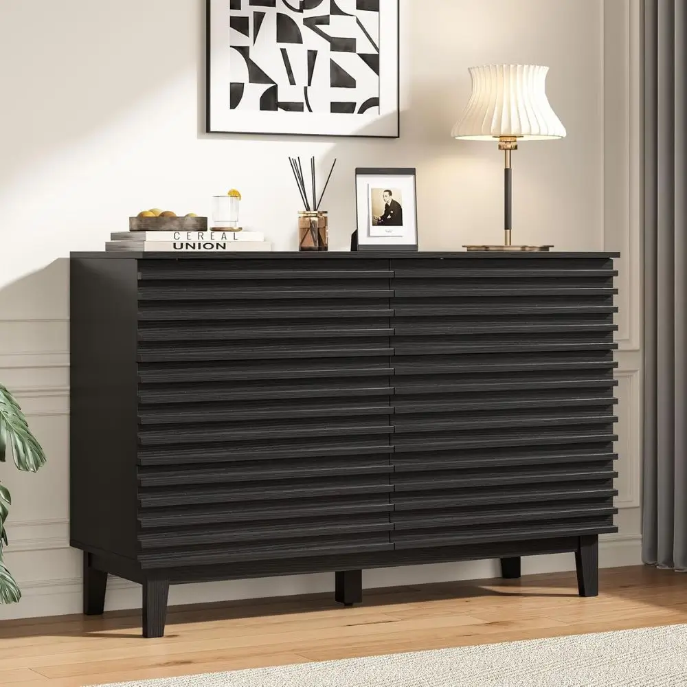 wood slat double dresser 6 drawers black