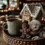 wood tray with mug of hot beverage gingerbread man cookies and muffins decorated at christmas