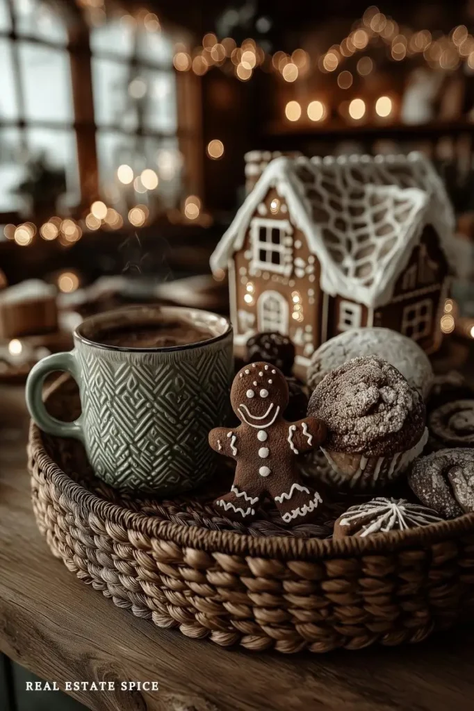 wood tray with mug of hot beverage gingerbread man cookies and muffins decorated at christmas