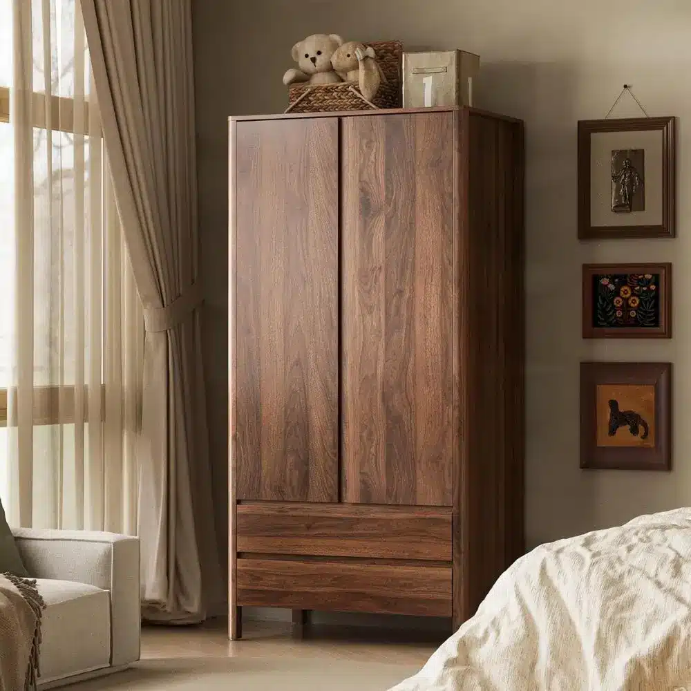 wood wardrobe in bedroom