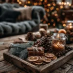 wooden tray on wooden coffee table tray is decorated with pine branches dried orange slices cinnamon sticks candles pinecones there is christmas tree in background a cozy christmas room