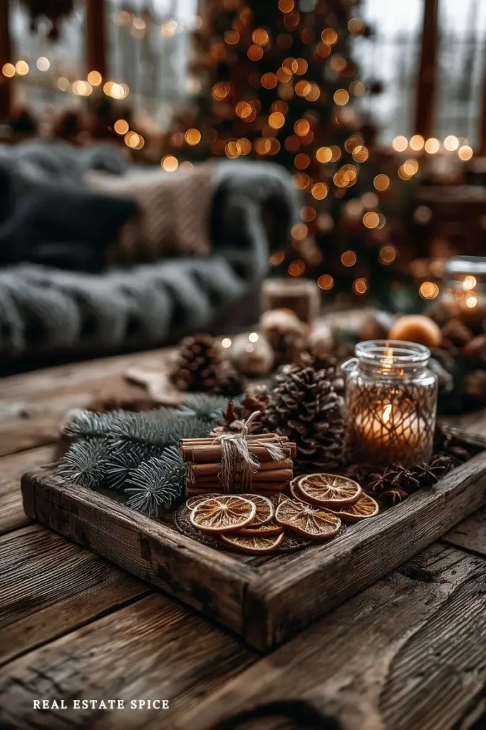wooden tray on wooden coffee table tray is decorated with pine branches dried orange slices cinnamon sticks candles pinecones there is christmas tree in background a cozy christmas room